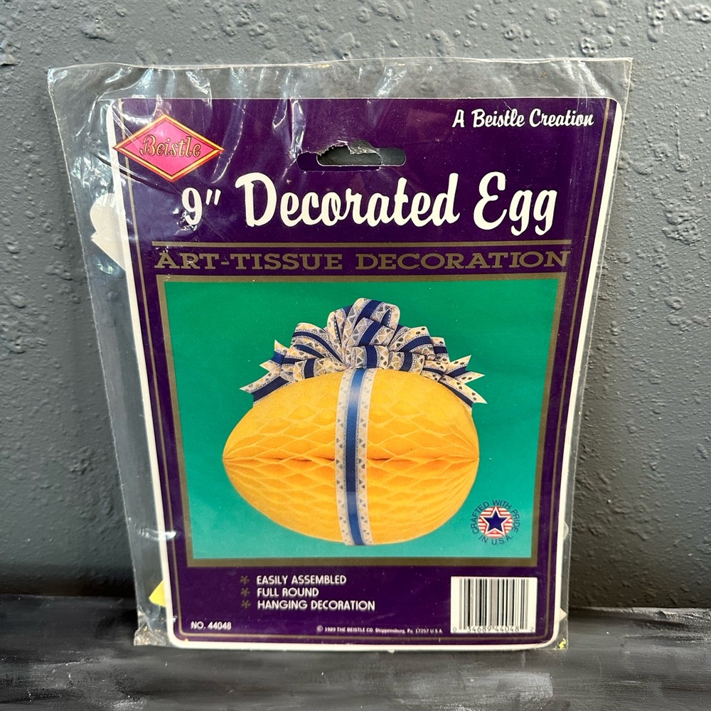 Vintage Beistle Company 9 in.hanging honeycomb tissue paper Easter egg yellow